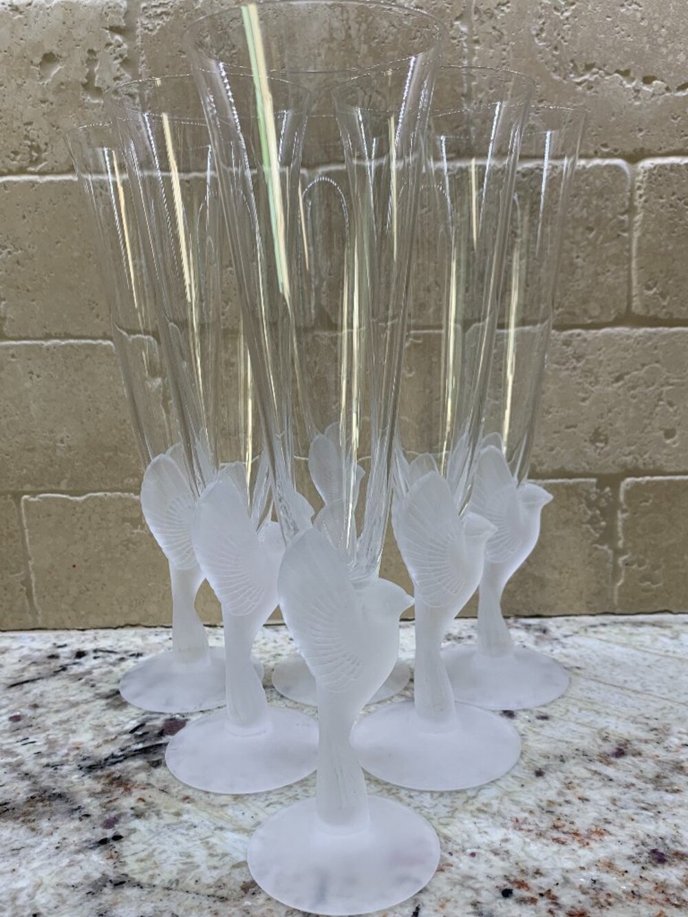 Sasaki Crystal Glass WINGS Champagne Flute Set Frosted Bird Dove 9-1/4" SET OF 6